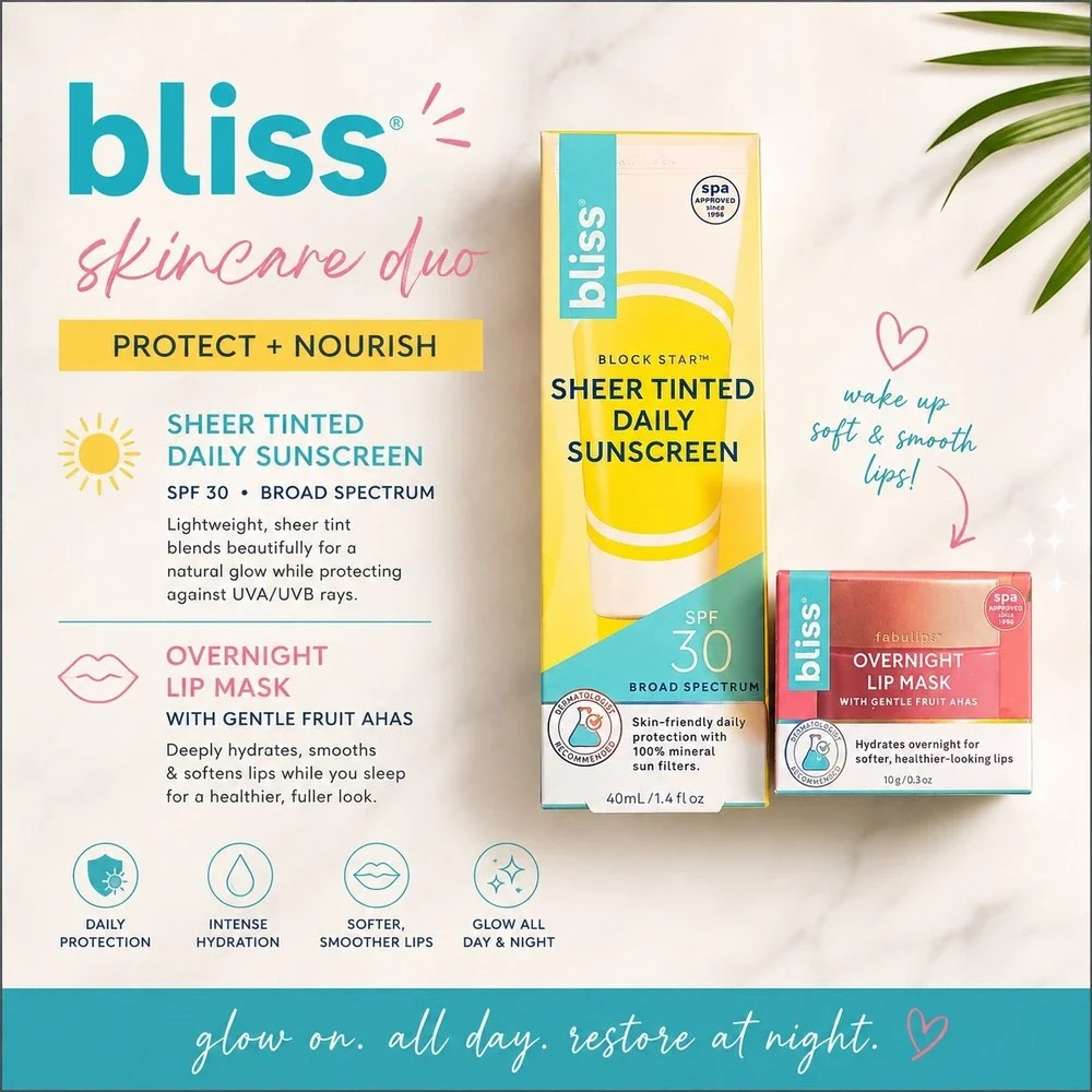 Bliss Skincare Duo Block Star SPF 30 Tinted Sunscreen & Overnight Lip‎ Mask